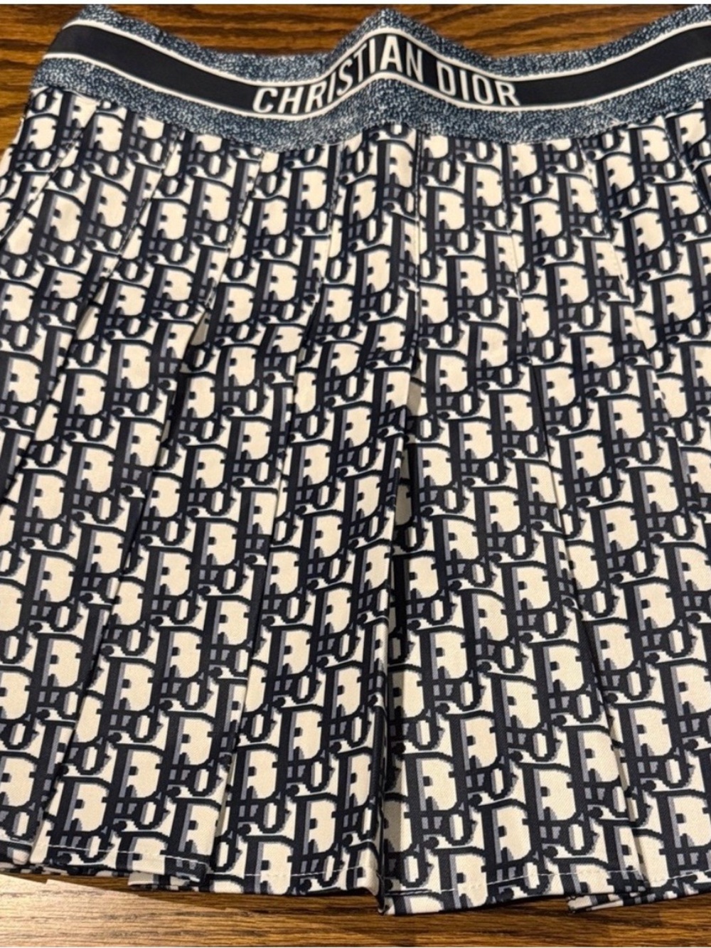 Dior Navy and White Logo Pleated Skirt